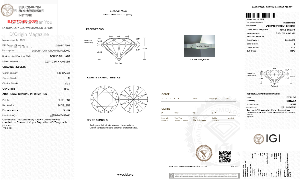 Solitario in oro bianco con diamante Lab-grown taglio brillante, 1,38 carati.