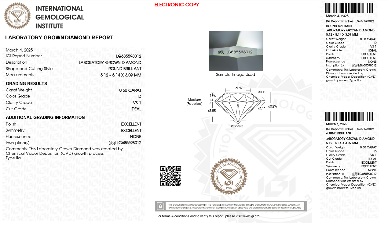 Solitario in oro bianco con diamante Lab-Grown taglio brillante, 0,50 carati.