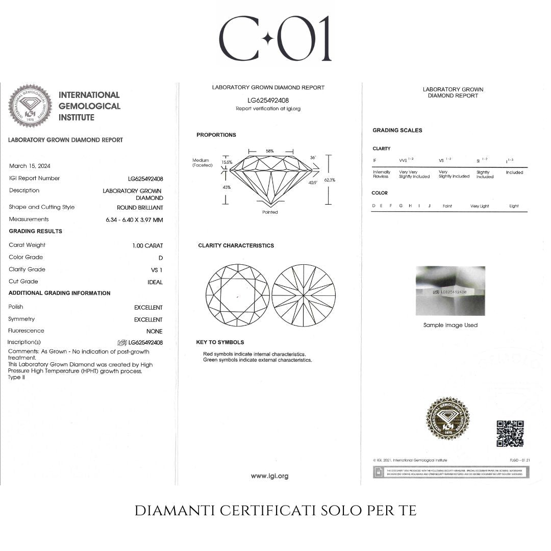 Solitario in oro bianco con diamante lab-grown taglio brillante, 1,00 carati.