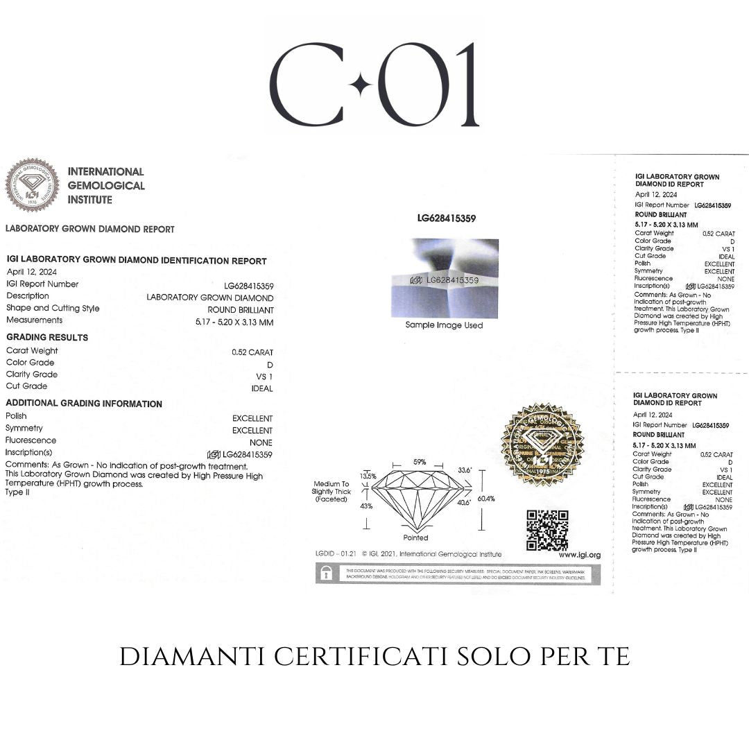 Orecchini punto luce in oro bianco con diamanti lab-grown taglio brillante, 1,04 carati.