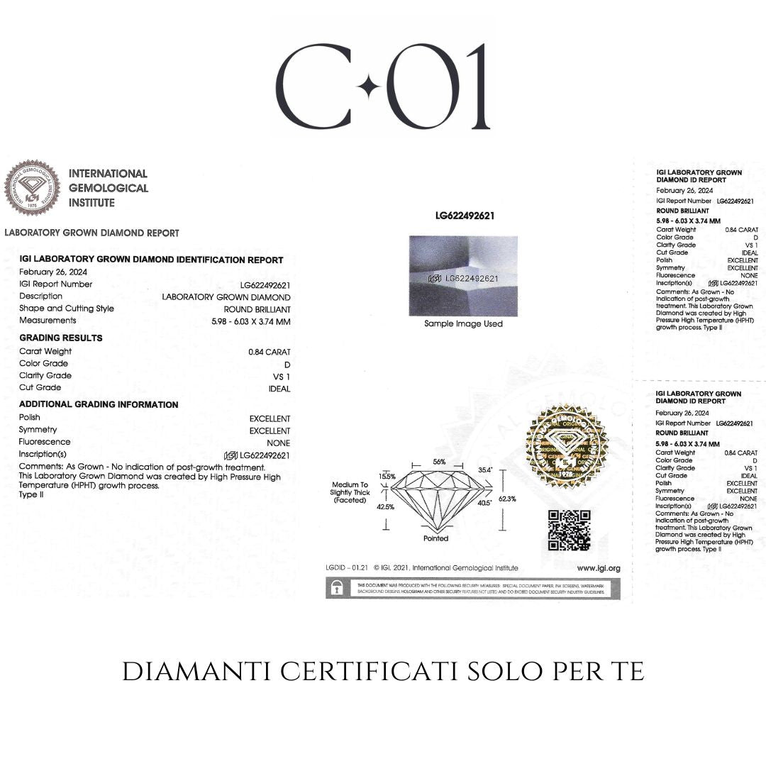 Orecchini punto luce in oro bianco con diamanti lab-grown taglio brillante, 1,68 carati.