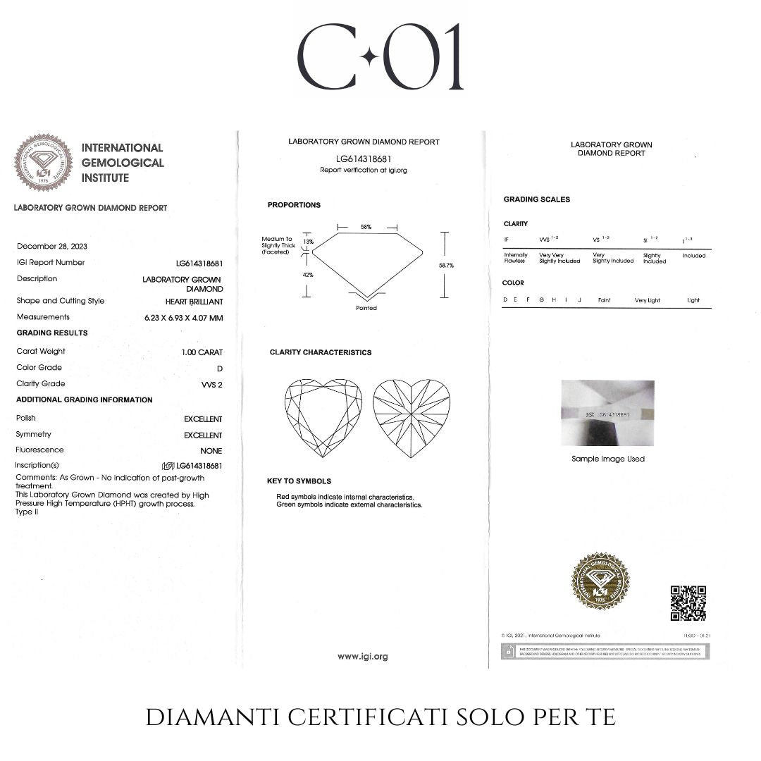 Solitario in oro bianco con diamante lab-grown taglio cuore, 1,00 carati.