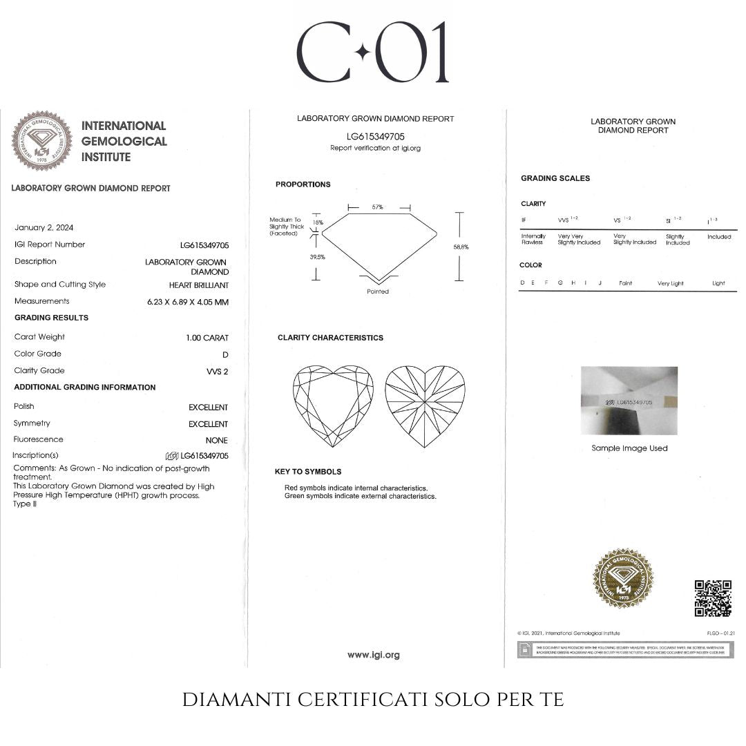 Solitario in oro giallo con diamante lab-grown taglio cuore, 1,00 carati.
