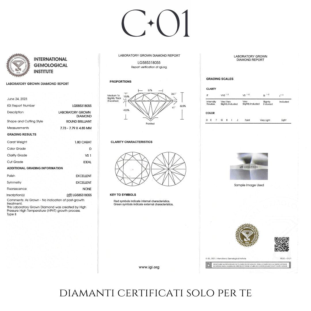 Solitaire in white gold with brilliant-cut lab-grown diamond, 1.80 carats.