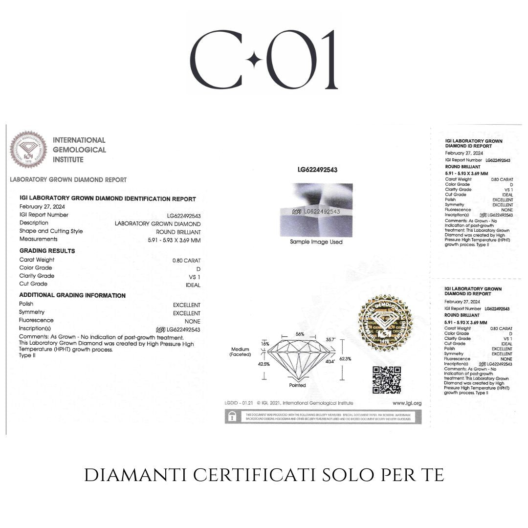 Girocollo punto luce in oro bianco con diamante lab-grown taglio brillante, 0,80 carati.