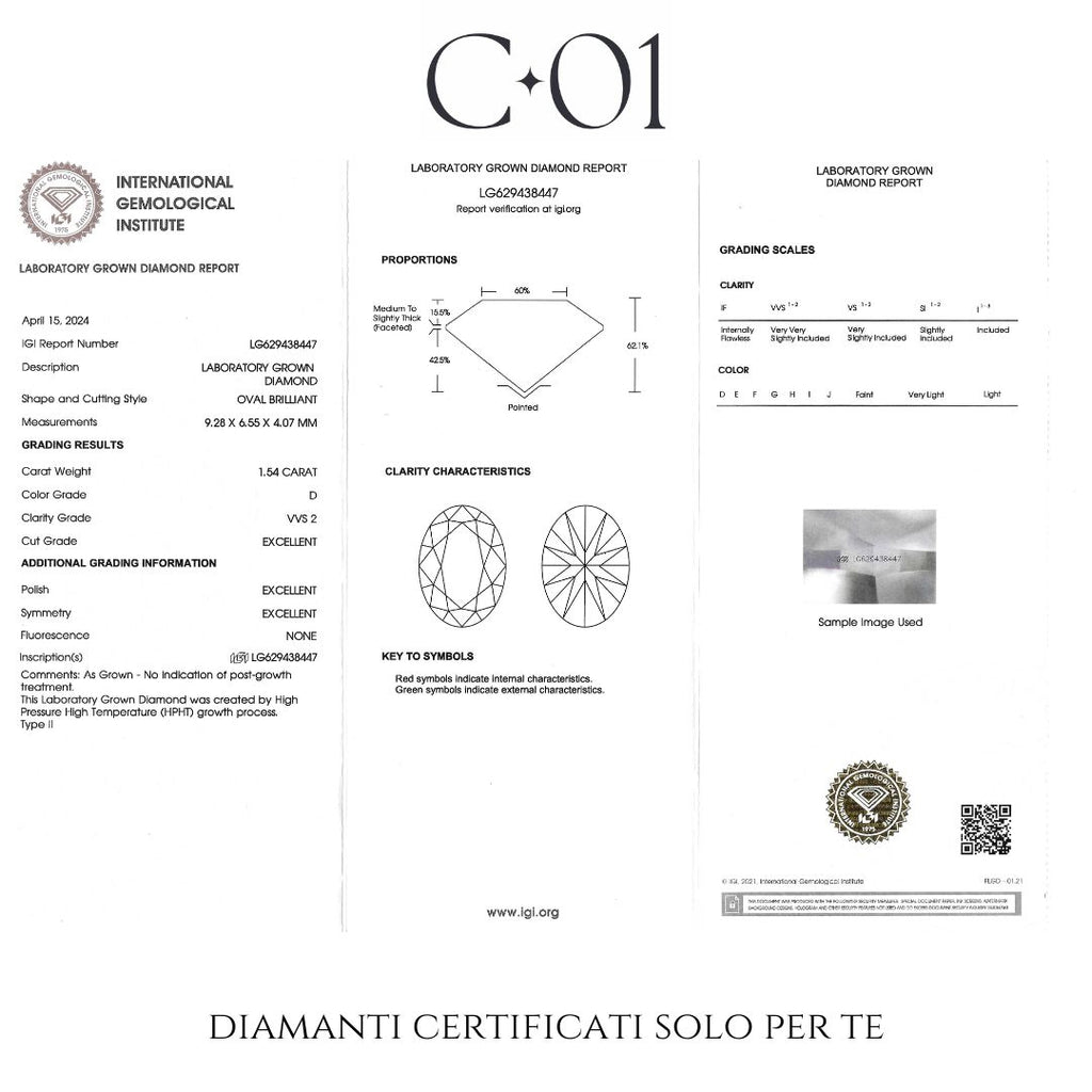 Solitaire in white gold with oval-cut lab-grown diamond, 1.54 carats.