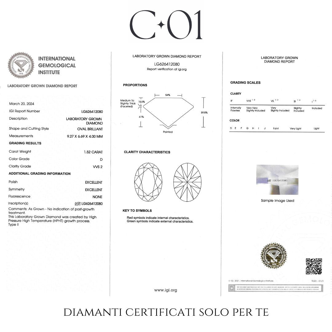 Girocollo punto luce in oro bianco con diamante lab-grown taglio ovale, 1,52 carati.