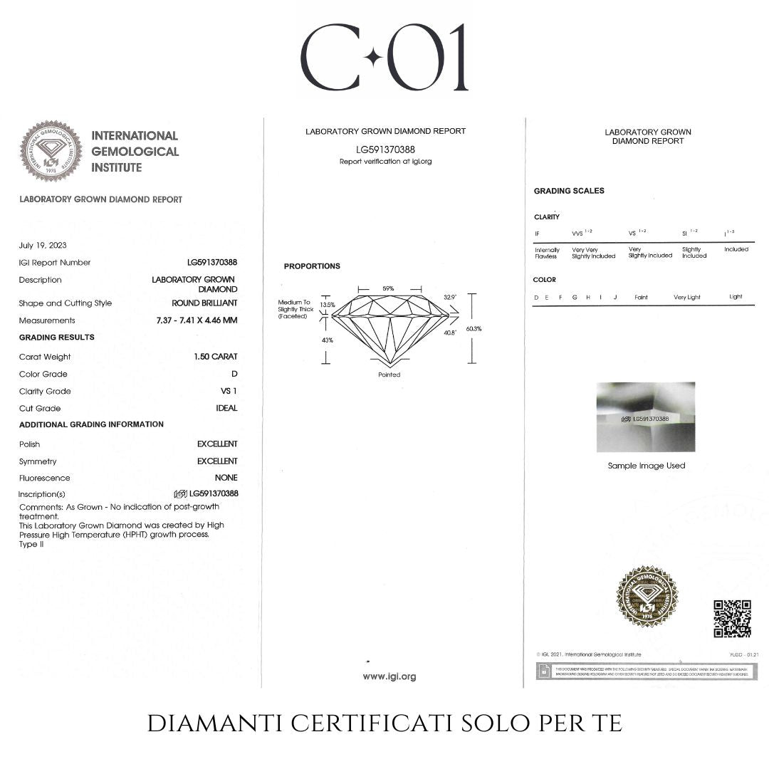 Trilogy in oro bianco con diamante centrale lab-grown taglio brillante e 2 diamanti lab-grown a goccia sul gambo, 2,10 carati.