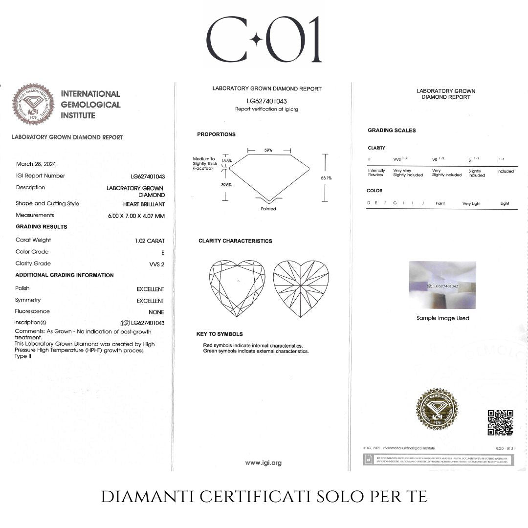 Solitario in oro bianco con diamante lab-grown taglio cuore, 1,02 carati.