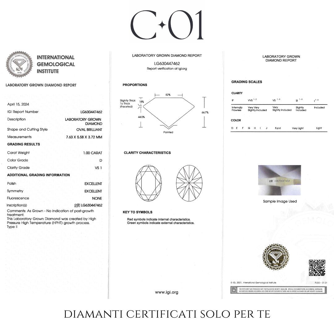 Solitario in oro bianco con diamante lab-grown taglio ovale, 1,00 carati.