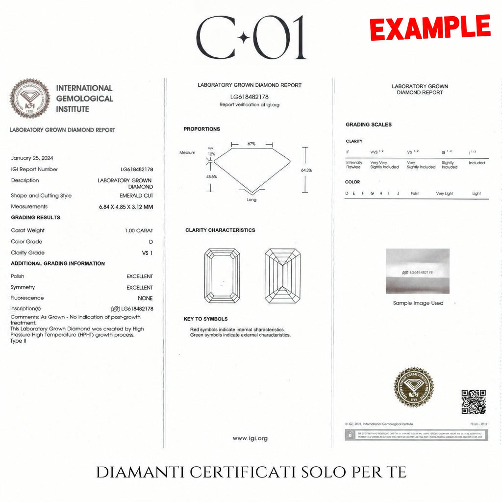 Solitaire in white gold with emerald-cut lab-grown diamond, 1.00 carats.