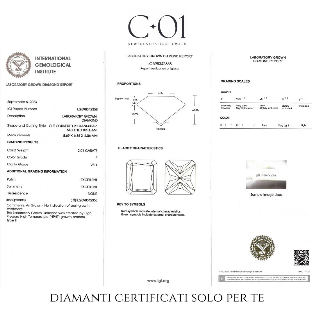 Anello Fascia in oro bianco con diamanti lab-grown taglio radiant e brillante, 4,53 carati.