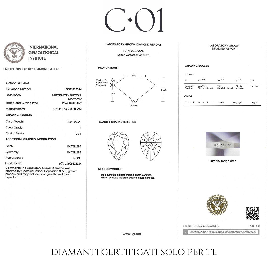 Girocollo punto luce in oro bianco con diamante lab-grown taglio goccia, 1,02 carati.