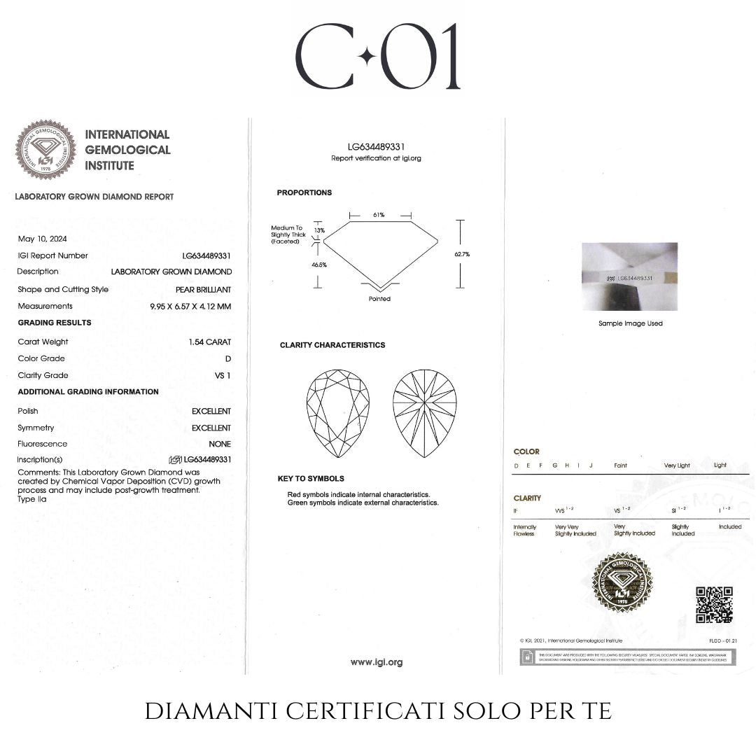 Girocollo punto luce in oro bianco con diamante lab-grown taglio goccia, 1,54 carati.