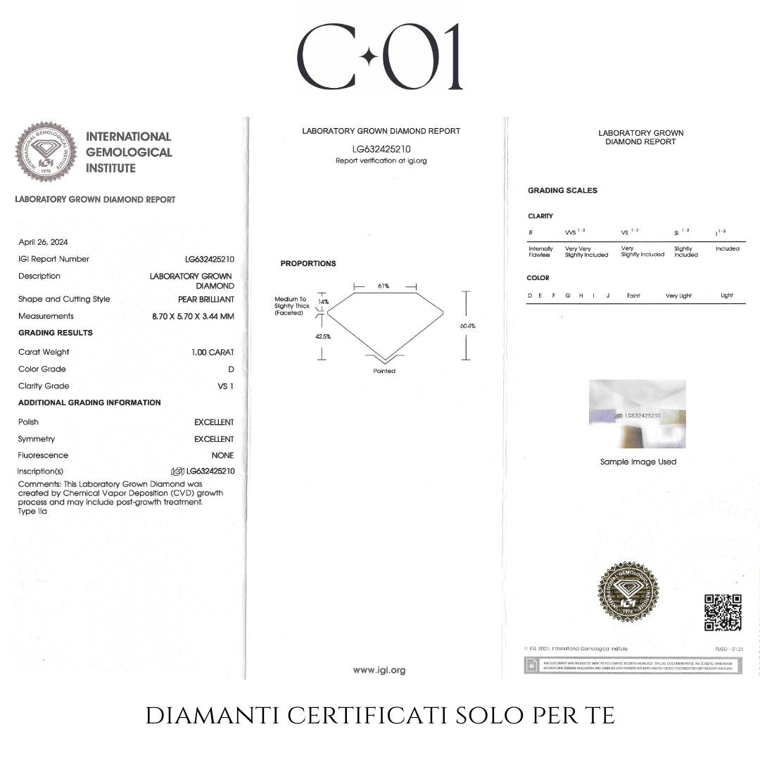 Solitario in oro bianco con diamante lab-grown taglio goccia, 1,00 carati.