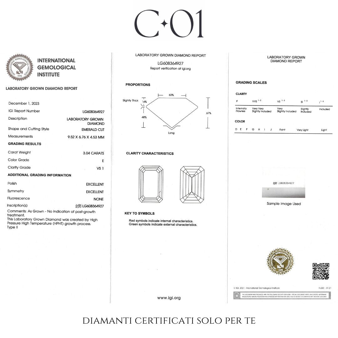 Solitaire in white gold with emerald-cut lab-grown diamond, 3.04 carats.