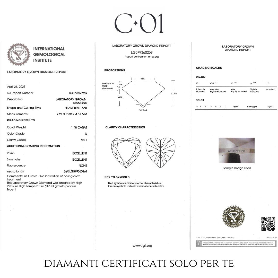 Anello contrariè aperto a gradazione in oro bianco e diamanti lab-grown taglio cuore e brillante, 2,60 carati.