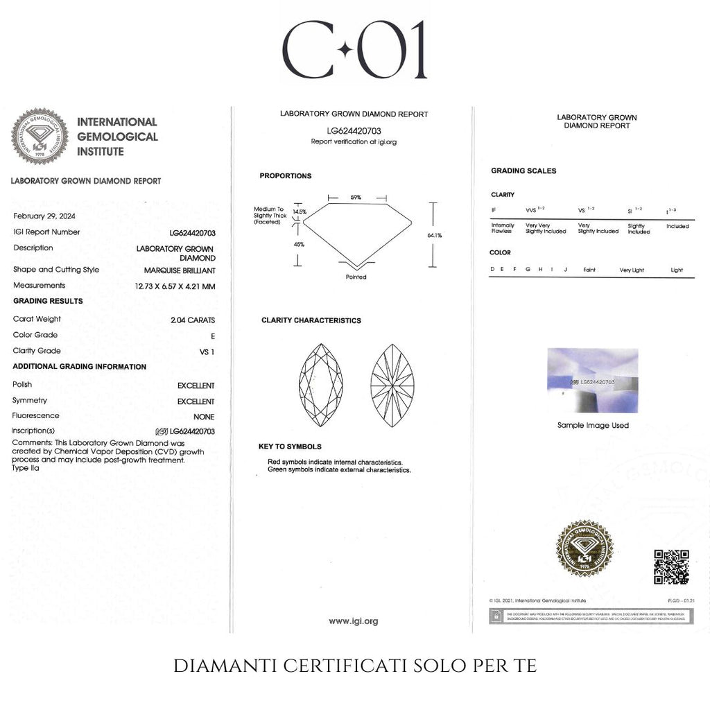 Solitaire with a marquise-cut lab-grown diamond, 2.04 carats.