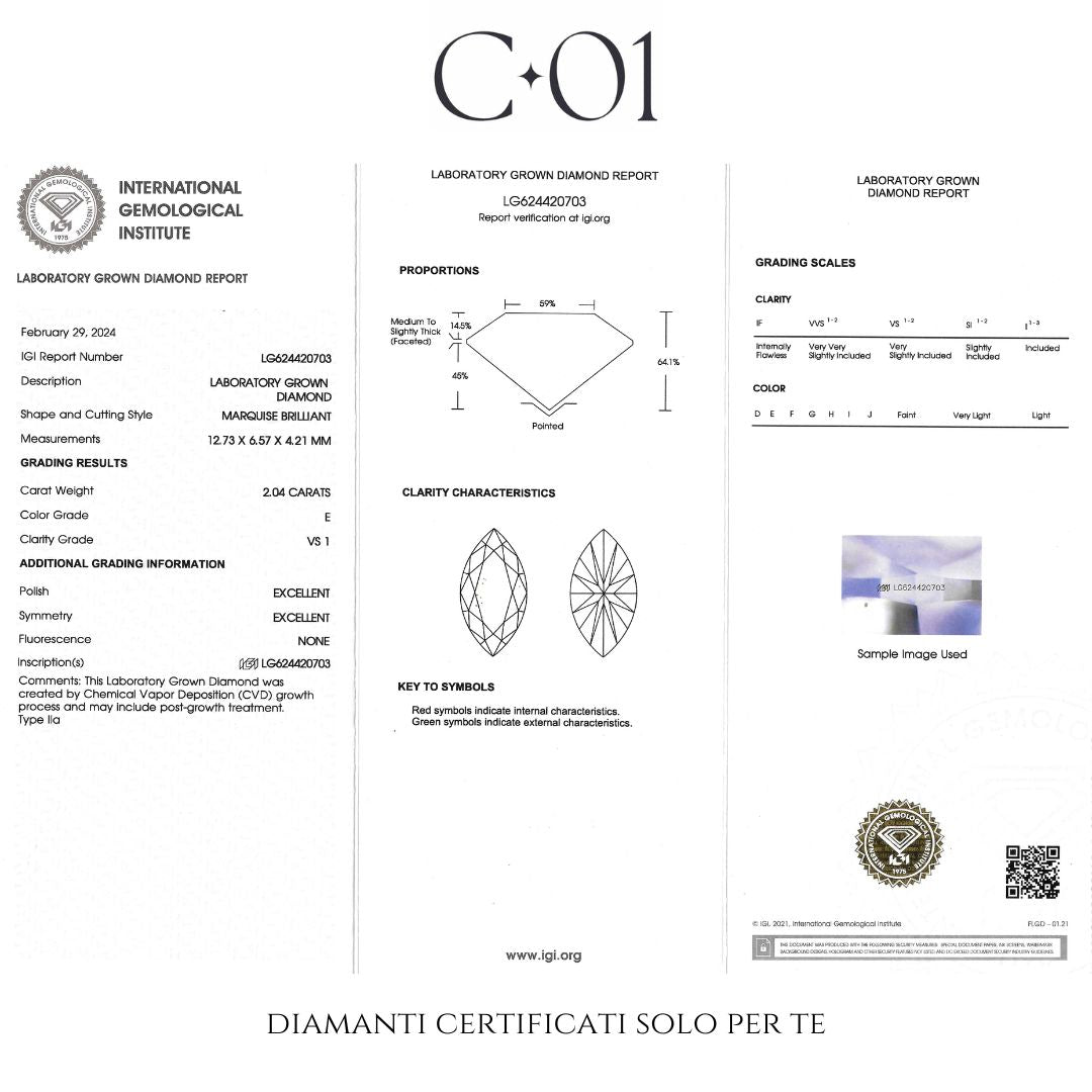 Solitario con diamante lab-grown taglio marquise, 2,04 carati.
