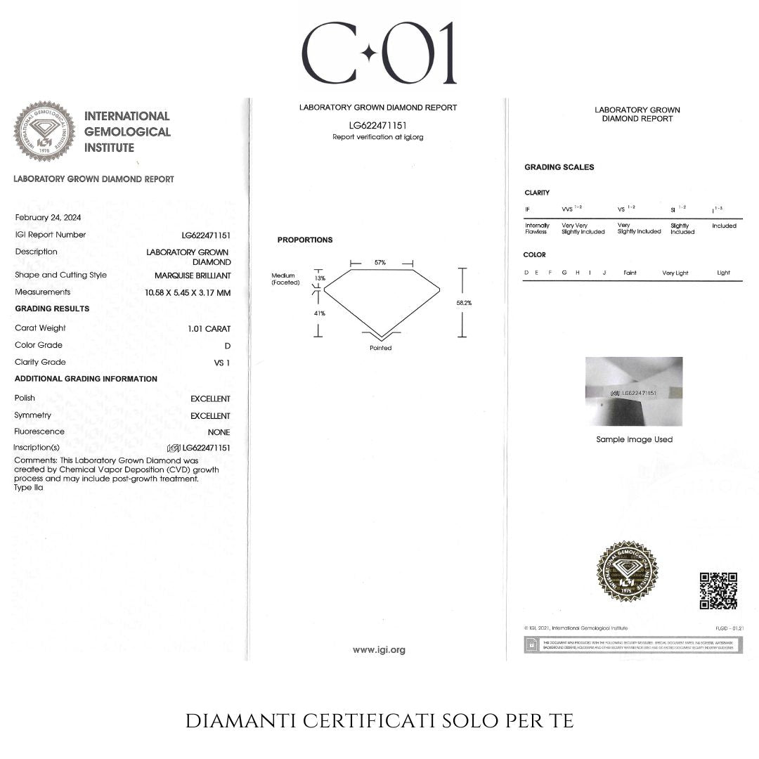 Anello Dreams marquise in oro bianco con diamanti lab-grown taglio brillante, 1,46 carati.