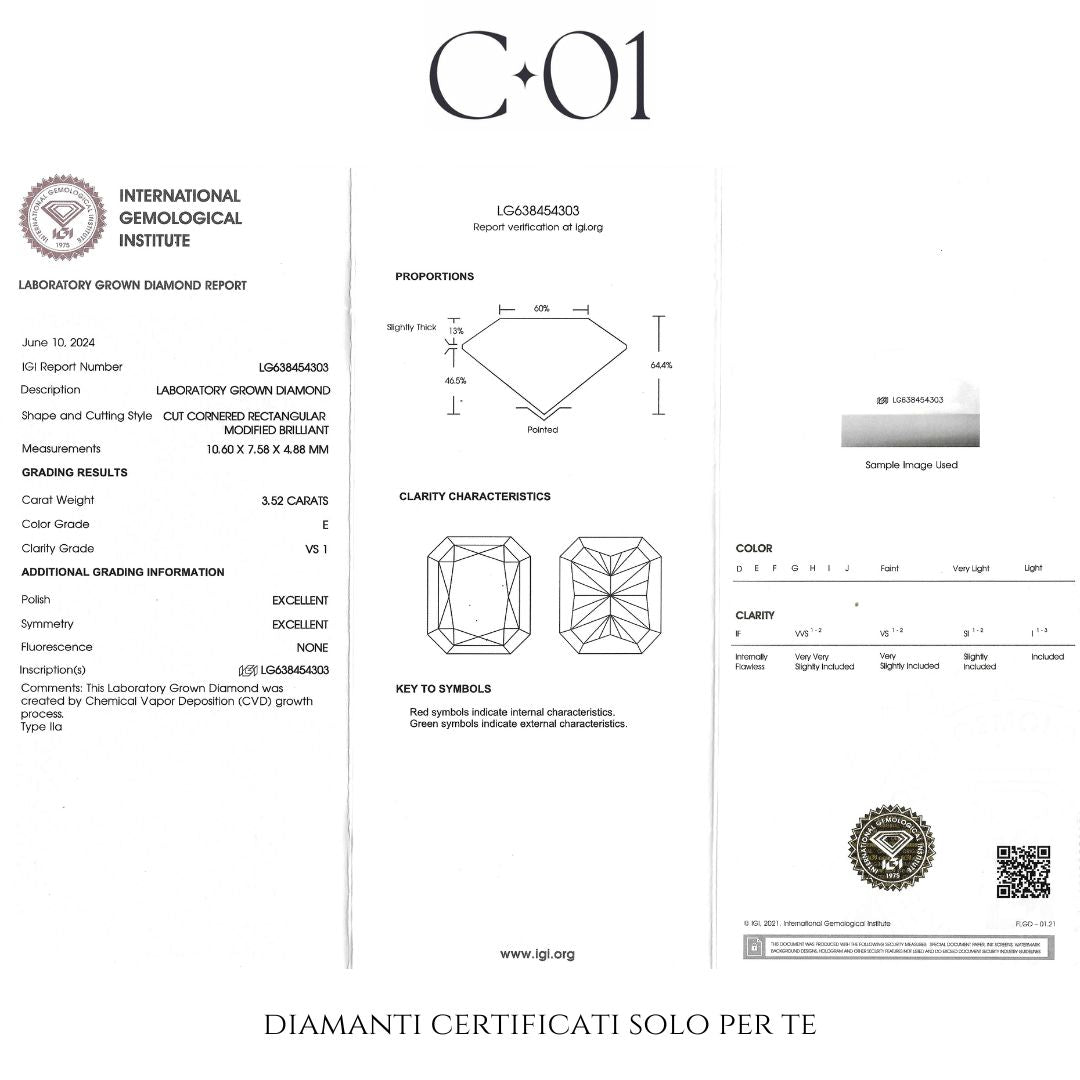 Solitario in oro bianco con diamanti lab-grown taglio radiant e taper, 4,32 carati.