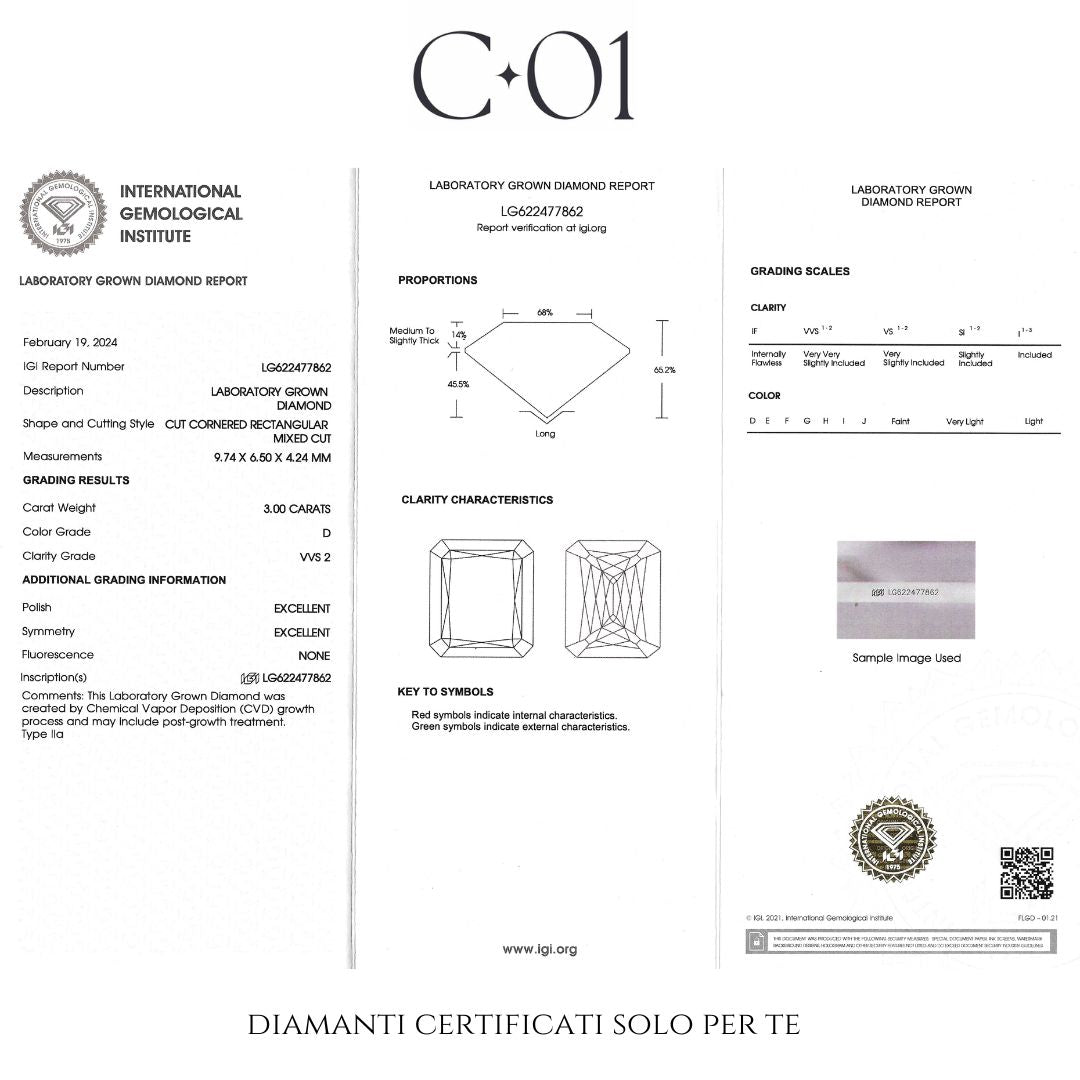 Solitario in oro bianco con diamanti lab-grown taglio smeraldo e taper, 3,62 carati.