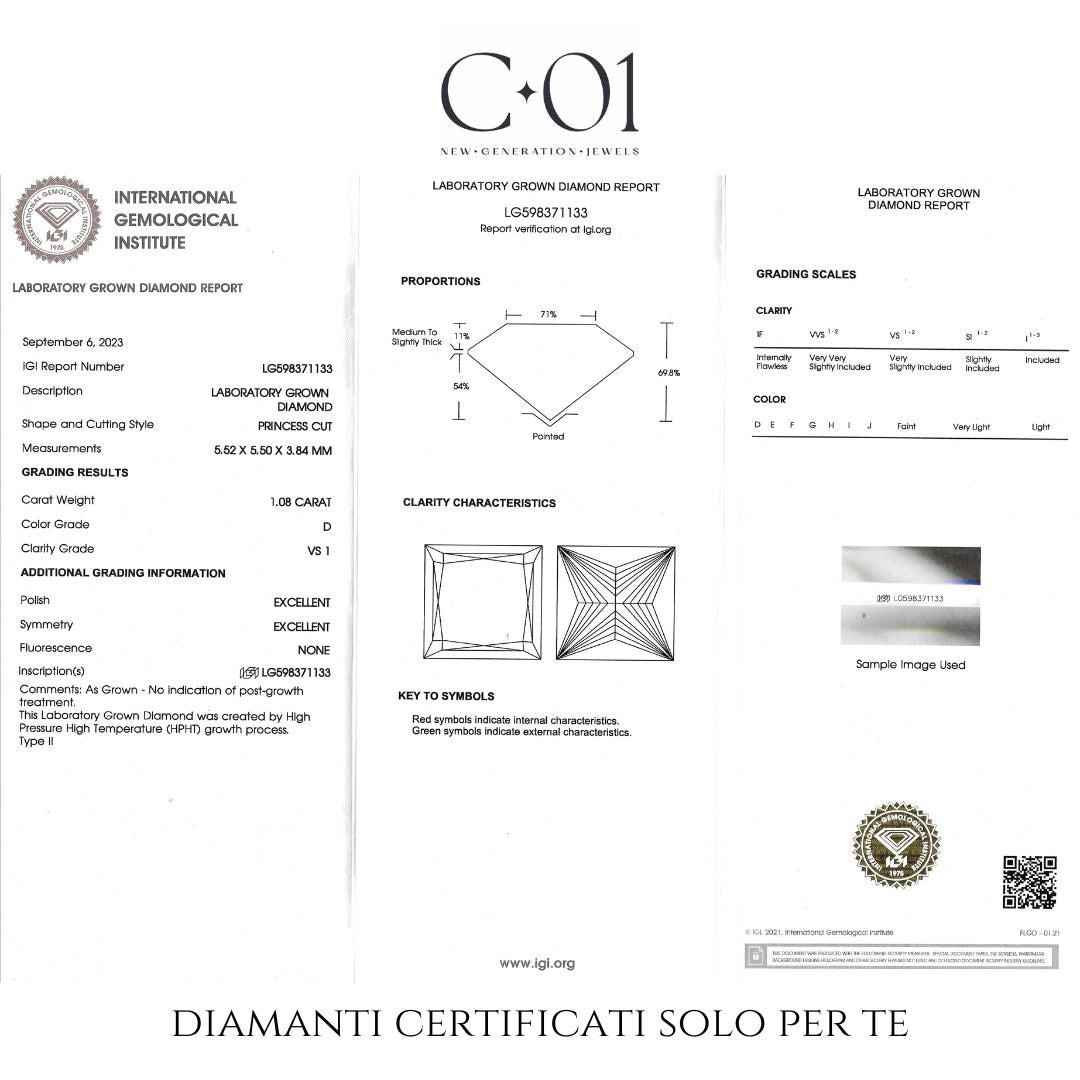 Solitario in oro bianco con diamante lab-grown taglio princess, 1,08 carati.