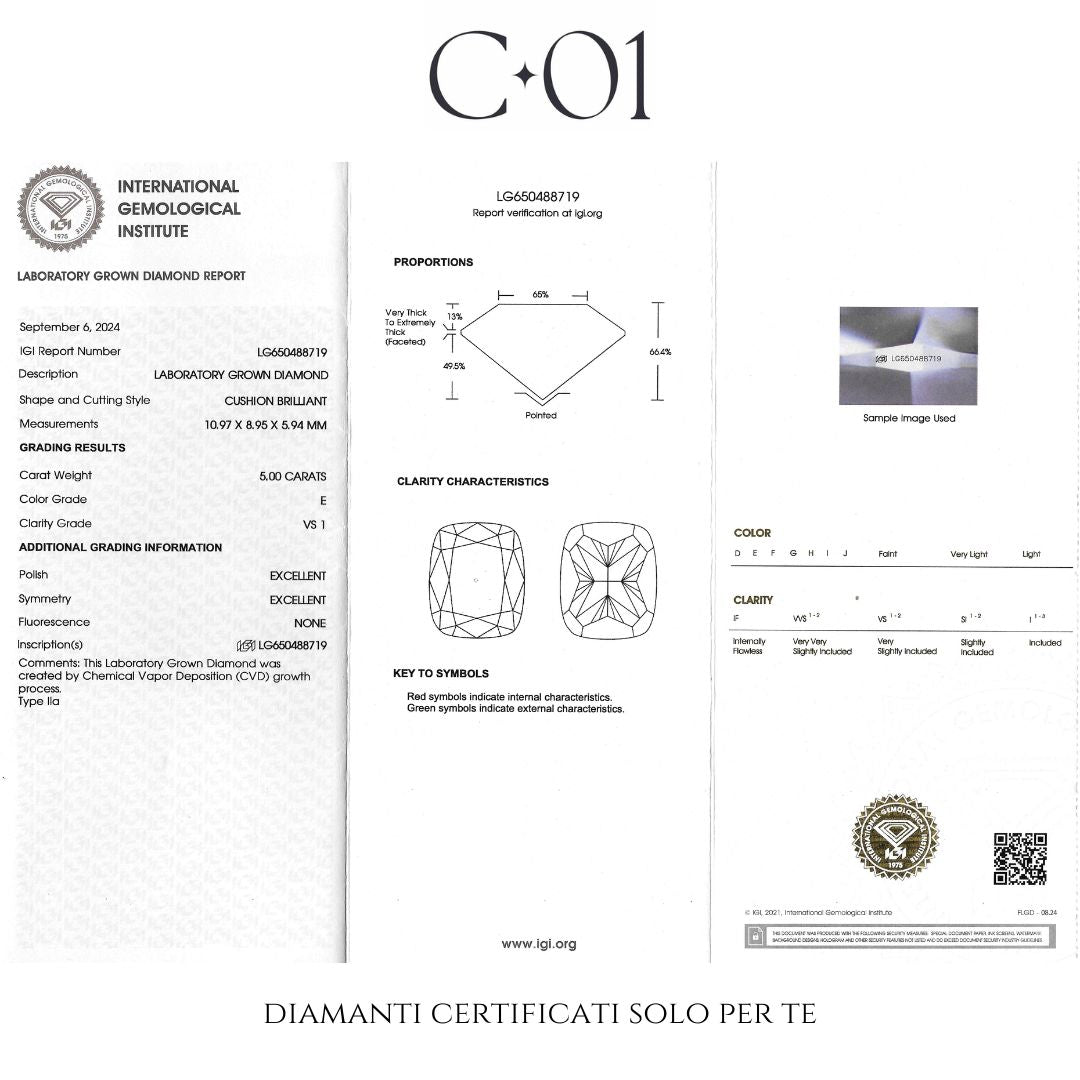 Trilogy con diamante lab-grown taglio cuscino e due taglio trillion, 6,17 carati.
