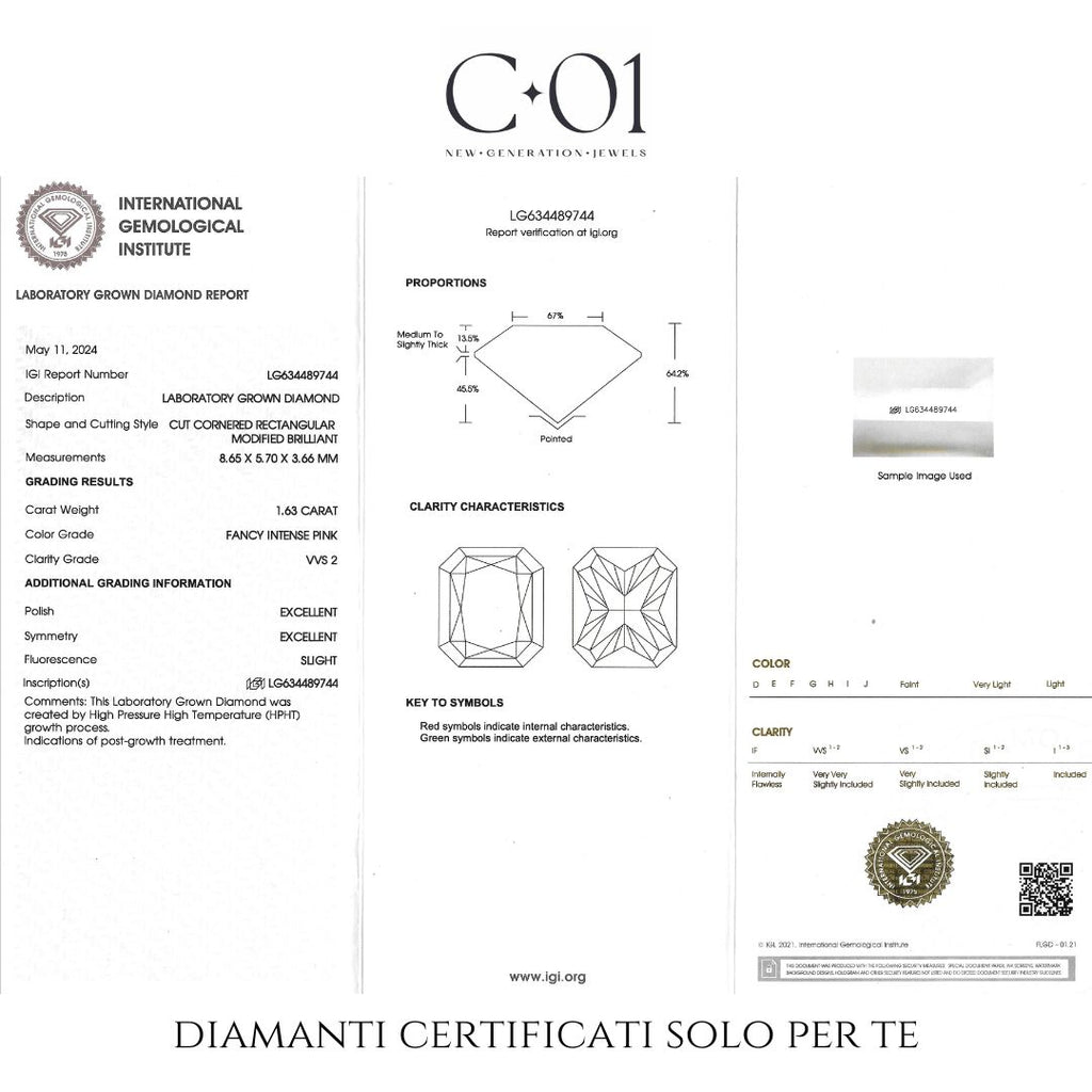 Anello in oro Bianco e Diamanti Lab-Grown taglio Radiant Fancy Pink e taglio Brillante, 2,38 carati.