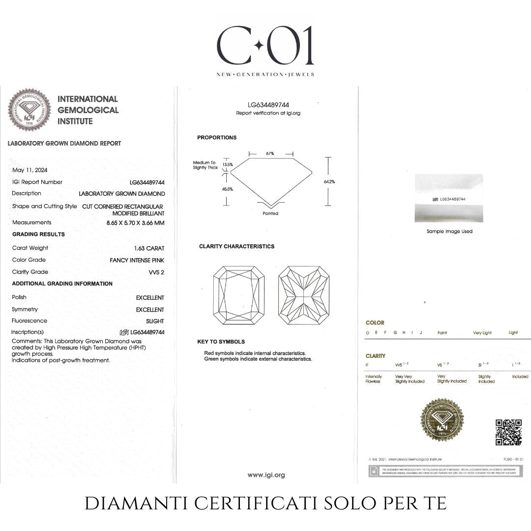 Anello in oro Bianco e Diamanti Lab-Grown taglio Radiant Fancy Pink e taglio Brillante, 2,38 carati.