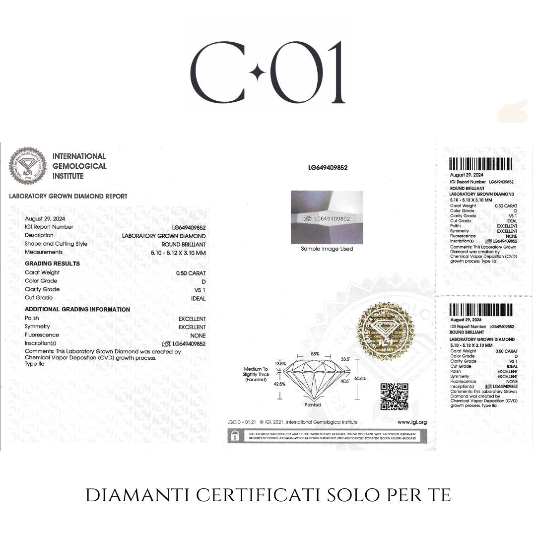 Solitario in oro bianco con diamanti lab-grown taglio brillante e taper, 0,64 carati.