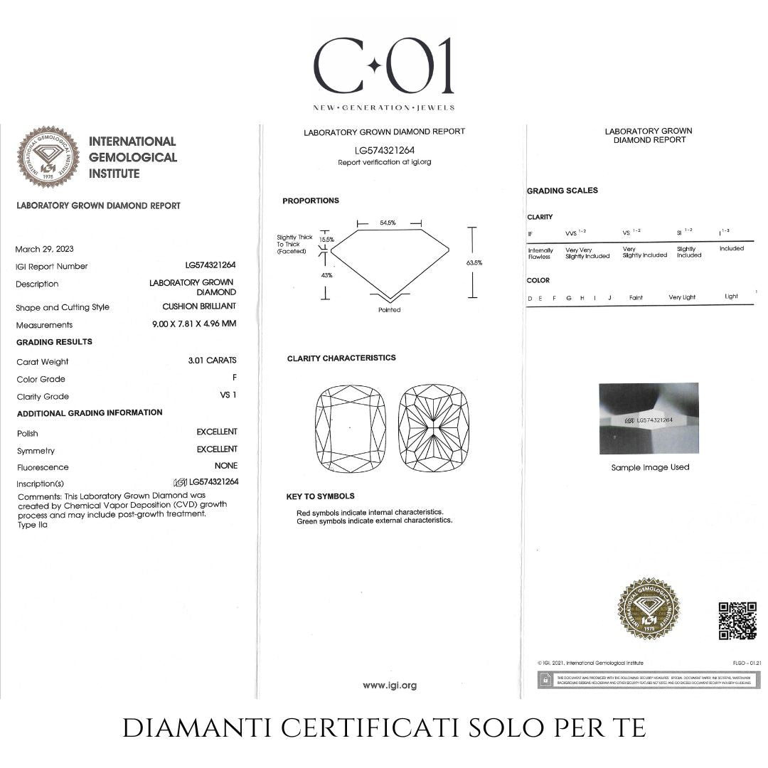 Trilogy in oro bianco con diamanti lab-grown taglio cuscino e brillante, 4,10 carati.