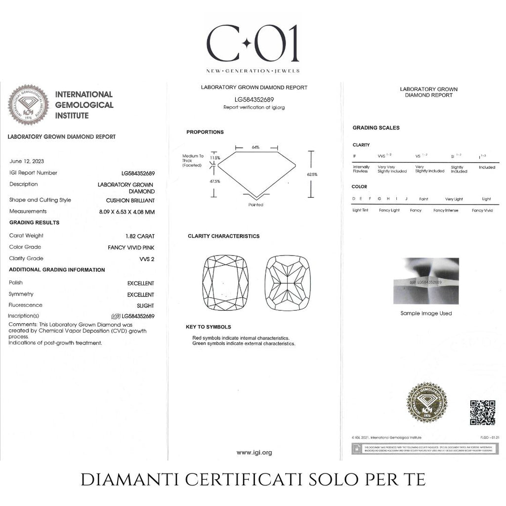 Solitario in oro rosa e diamante lab-grown taglio cuscino fancy pink e taglio brillante, 2,19 carati.