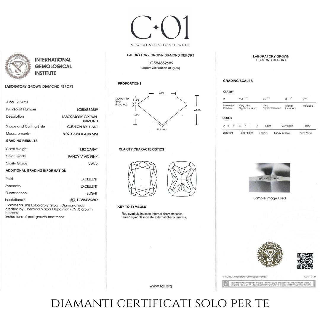 Solitario in oro rosa e diamante lab-grown taglio cuscino fancy pink e taglio brillante, 2,19 carati.