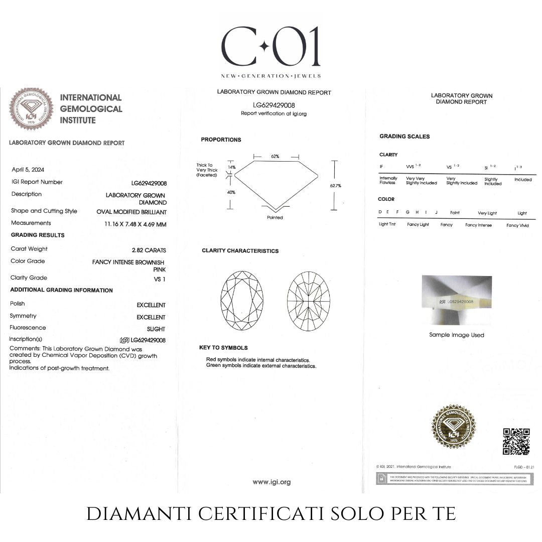 Solitario in oro rosa e diamante lab-grown taglio cuscino fancy pink e taglio brillante, 3,19 carati.