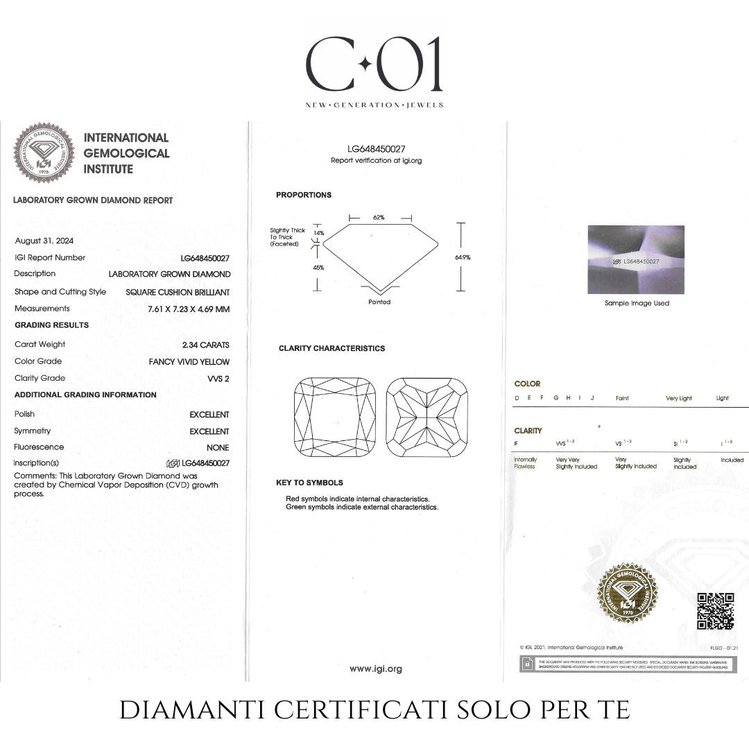 Solitario in oro giallo e diamante lab-grown taglio cuscino fancy yellow e taglio brillante, 2,71 carati.