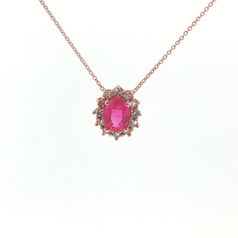 Girocollo in oro rosa con zaffiro rosa Lab-Grown taglio ovale e diamanti Lab-Grown taglio brillante.