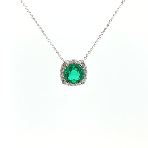 Girocollo in oro bianco con smeraldo Lab-Grown taglio cuscino e diamanti Lab-Grown taglio brillante.