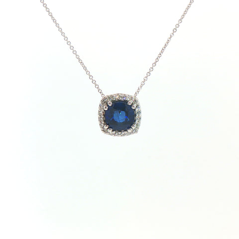 Girocollo in oro bianco con zaffiro Lab-Grown taglio cuscino e diamanti Lab-Grown taglio brillante.