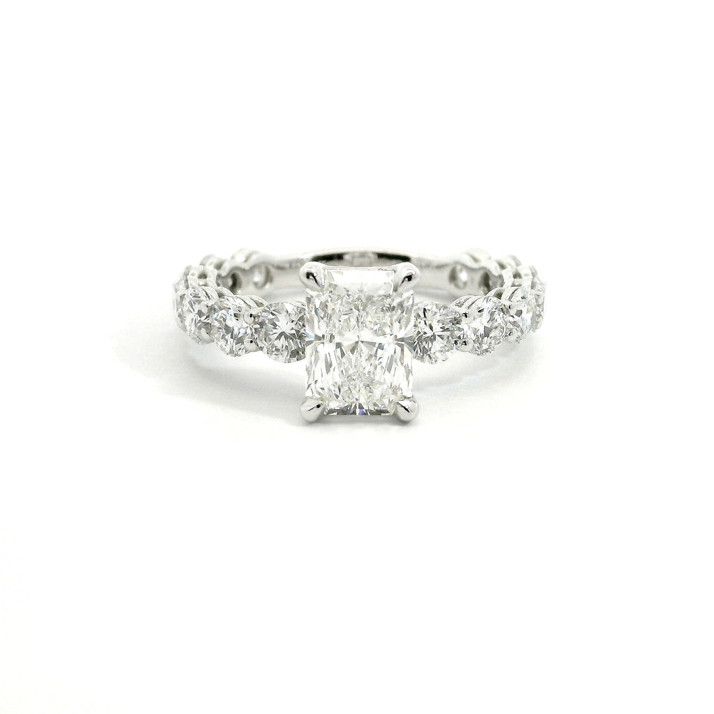 Solitaire with radiant cut lab-grown diamond and brilliant cut lab-grown diamonds on the shank, 3.81 carats.