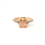 Solitario in oro rosa e diamante lab-grown taglio cuscino fancy pink e taglio brillante, 2,19 carati.