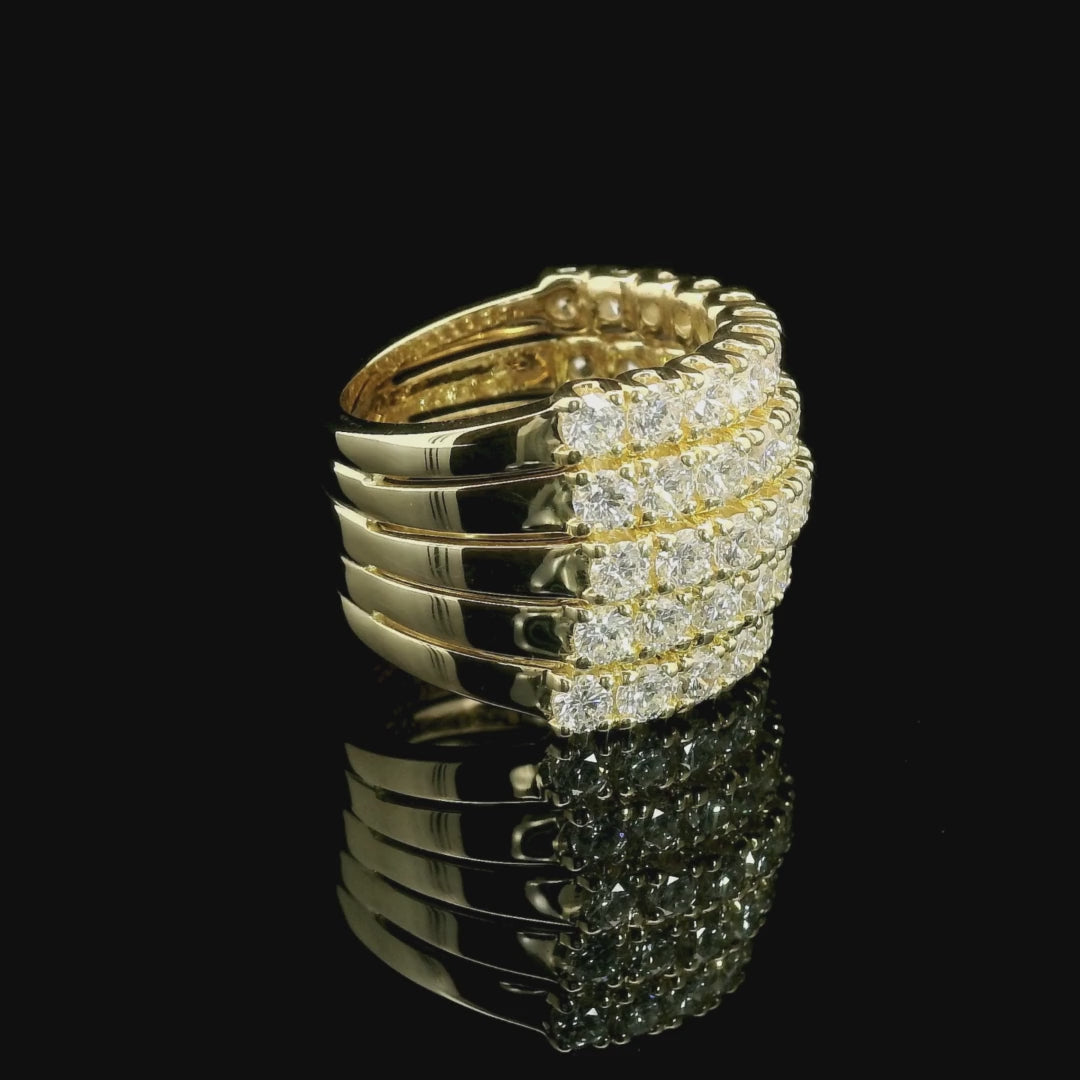 5-row yellow gold band with brilliant-cut lab-grown diamonds, 4.51 carats.